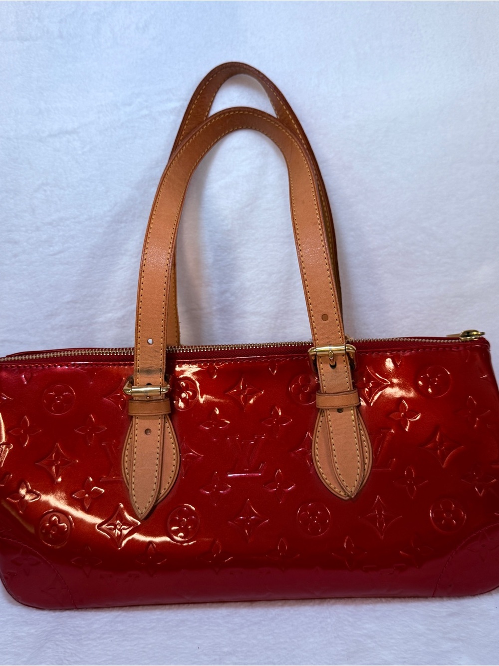 Louis Vuitton Red Patent Shoulder Tote with Tan Handles